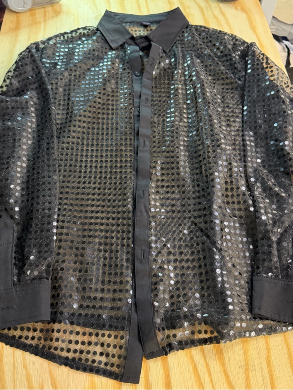 Black Sheer Mesh Polka Dot Button Up Blouse Womens L See Through Long Sleeve Top